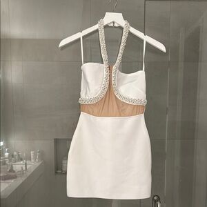 Crystal-Trim White Mini Dress with Sheer Waist